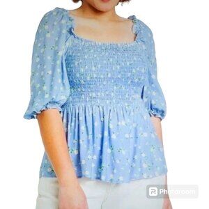 Eloquii Pastel Floral Plus Size Smocked Peasant Top with Puff Sleeves NEW